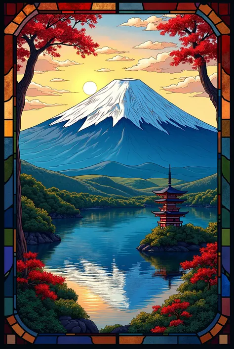 I want you to express the scenery of Mt. Fuji in Japan in stained glass style