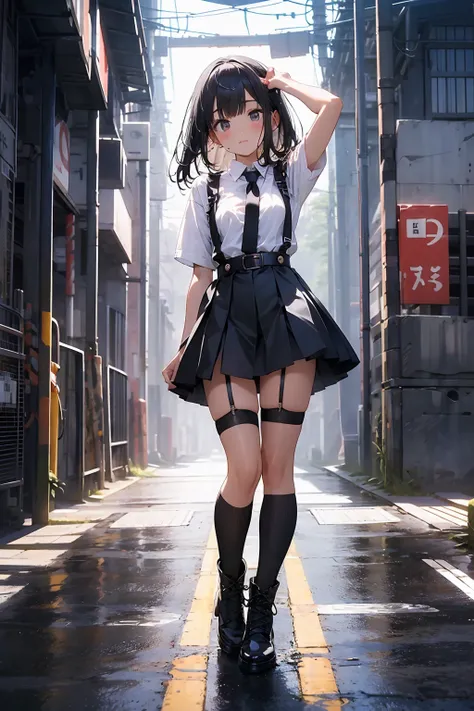  Hair、 viewers　　 suspenders　　　  at the side of the belt 　　 　 　　　　 Black Miniskirt 　 garter belt　 Knee High Socks　　　　　　sight　　　Small face　bangs 　　　　　 beauty　　 along the floor 　　 　sight 　 black boots 　Taunt　　Armpit sweat　1 person 　　 place hands on back 　 cut...