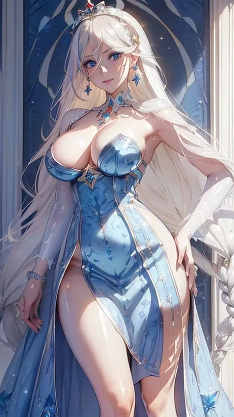 Masterpiece, Ultra High Quality, Ultra HD Quality, The most beautiful woman in history, Anime, Slender body, (Big, ample breasts, cleavage), Tall, Small face, Well-proportioned figure, ((Beautiful white skin)), (shining Platinum white hair: 1.2), (((single...