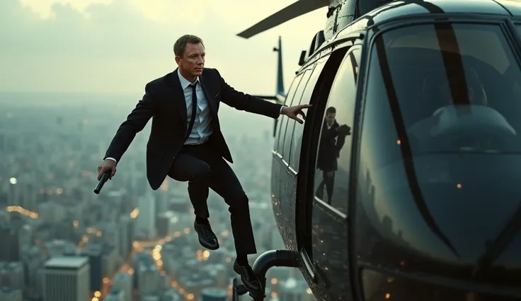 

Description: Bond, holding onto the landing skids of a helicopter, fights off a henchman mid-air as the city below blurs in the background.
Motion Prompt: The camera shifts to an overhead view as Bond kicks the henchman off and climbs into the helicopter...