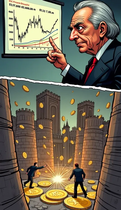 A vertically split-panel comic illustration: On the top, a close-up of George Soros pointing to a financial chart on a projector screen showing the British pound’s inflated value. His face is serious and focused, with a slight smirk suggesting he knows the...