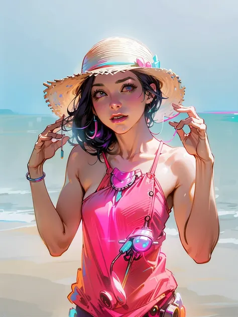 arafed woman in a pink dress and hat on the beach, with straw hat, 30-year-old woman from cuba, wearing a chocker and cute hat, posing on a beach with the ocean, with hat, wearing straw hat, at a tropical beach, wearing seashell attire, wearing wide sunhat...