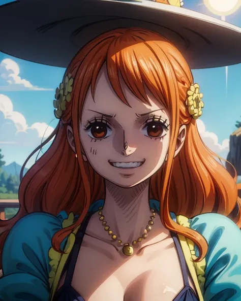 (最高masterpiece,  best quality, 4K, 8k,  high resolution,masterpiece:1.2), Nami in One Piece,smile,The Mysterious Witch,Miracle,Power Spot,Fantastic world tree,Green Sun