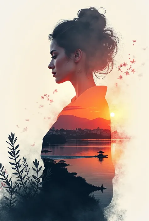 high quality, 8K Ultra HD, A beautiful double exposure that combines an goddess silhouette with sunset coast, sunset coast should serve as the underlying backdrop, with its details incorporated into the goddess , crisp lines, The background is monochrome, ...