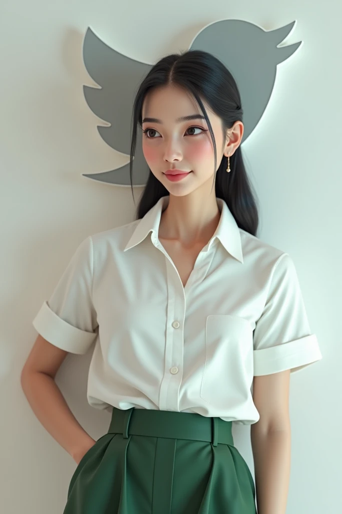 Create a 36-year-old woman in 3 d ,  black hair tied,  wearing a white button-down shirt and green skirt ,  leaning against the logo of a social network  