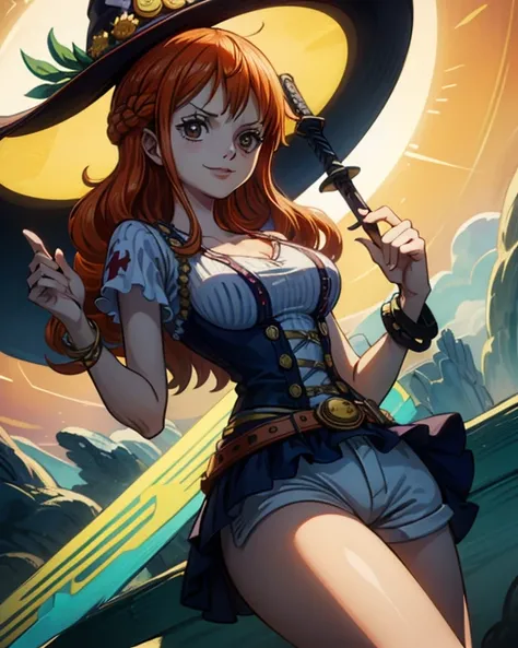 (最高masterpiece,  best quality, 4K, 8k,  high resolution,masterpiece:1.2), Nami in One Piece,smile,The Mysterious Witch,Miracle,Power Spot,Fantastic world tree,Green Sun,Holy Sword