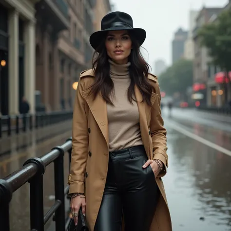 (( Full body image of a beautiful Colombian woman with pale skin ,  She wears a tight turtleneck sweater in a neutral tone , like beige,  that adapts perfectly to her figure while keeping her warm . on,  wear a waterproof trench coat in camel color ,  skin...