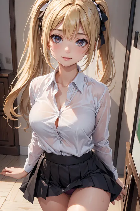   8k resolution,((  best quality )),   super high resolution , adult female ,  alone,   sexy, (  ecstatic face), ( Light brown eyes with irises ),   beautiful,   symmetrical face  , ( blonde ponytail), dress shirt , loose pleated  skirt  ,  panties ,  is p...