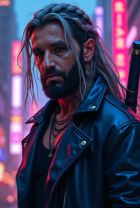 ((40 years old)), Meditech cyberpunk old man with long hairs, metallic braids in hair, bright colored eyes, neon leather jacket, rugged, scifi futuristic city, high quality image, cinematic lights, anime style, high contrast. Armed with dark blue laser kat...