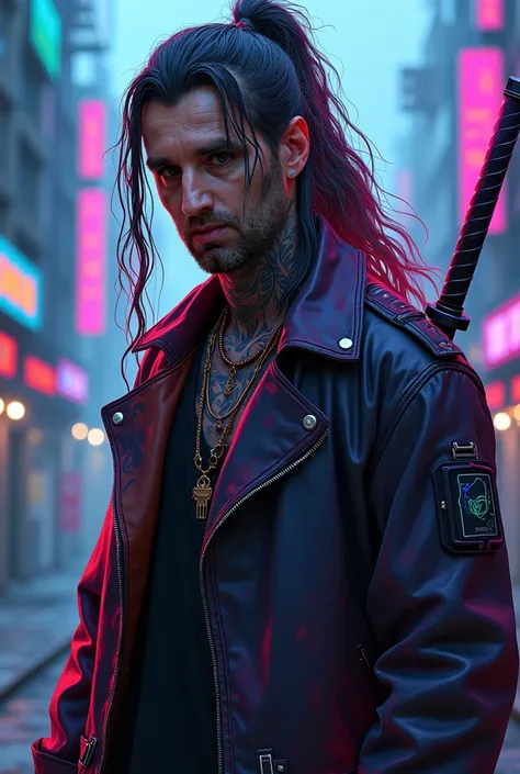 ((40 years old)), Meditech cyberpunk old man with long hairs, metallic braids in hair, bright colored eyes, neon leather jacket, rugged, scifi futuristic city, high quality image, cinematic lights, anime style, high contrast. Armed with dark blue laser kat...