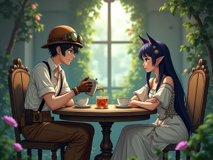  Anime fantasy characters . Персонаж 1 Bro\guy with cat ears, black short hair,  with green eyes ,  in a fantasy dirty white miner's shirt ,  in a leather helmet with steampunk safety glasses ,  in brown wide pants with patches on suspenders , wearing mini...