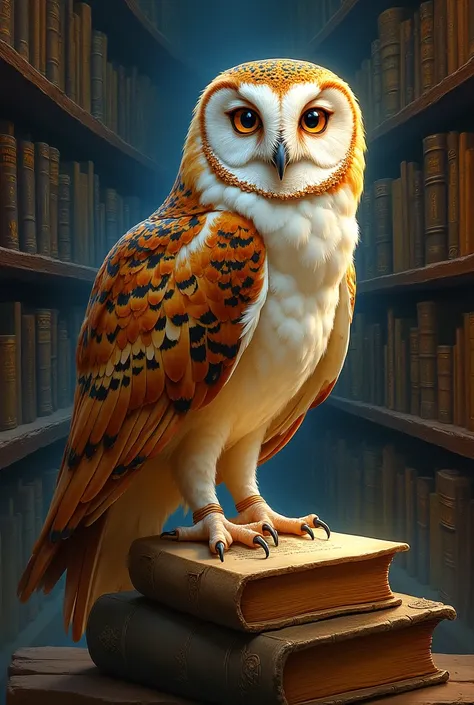 A luminously illuminating owl, symbolizing wisdom and knowledge, perched majestically amidst a library of ancient texts and scrolls. This intricately detailed painting captures the owl's piercing gaze, its feathers seemingly etched with centuries of knowle...