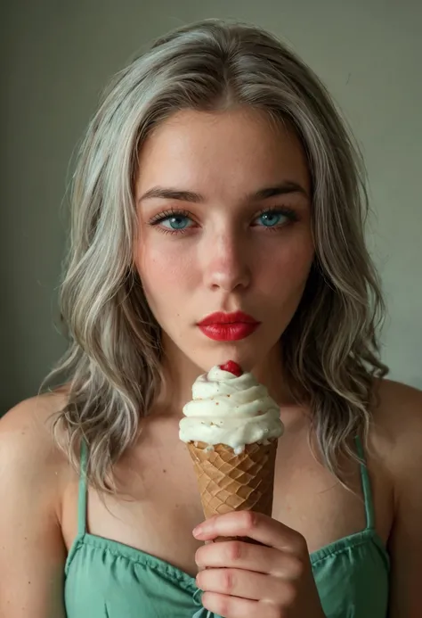 A close-up of a person holding an ice cream cone., sweet girl, Woman with wavy silver hair, blows,  light blue eyes, Red lips, tender green dress,