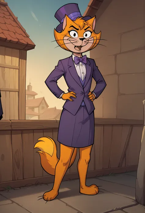 score_7_up, score_8_up, score_9, 2d, cartoon, top cat, catboy, Streaky SuperCat, Hanna-Barbera style, detailed black nose, anthro cat, yellow fur, yellow hair, yellow purple top hat, black eyes, purple tuxedo suit, bottomless, hands on hips, looking at vie...