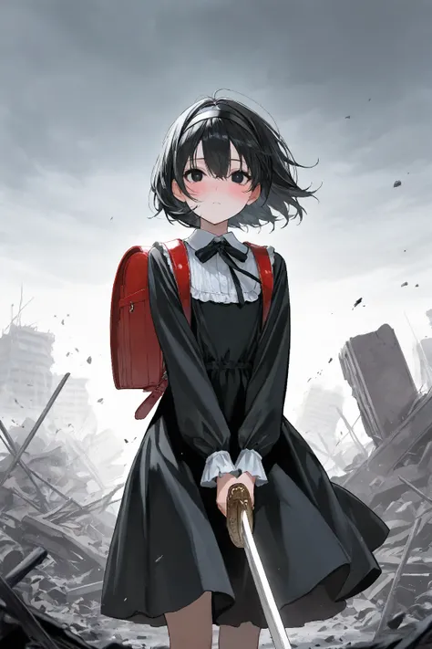 Score_8_up, Detailed, Masterpiece, Excellent lighting, 1girl, backpack, solo, bag, randoseru, black_hair, hairband, dress, holding_strap, white_background, short_hair, looking_at_viewer, black_eyes, long_sleeves, hair_between_eyes, frills, black_dress, ban...