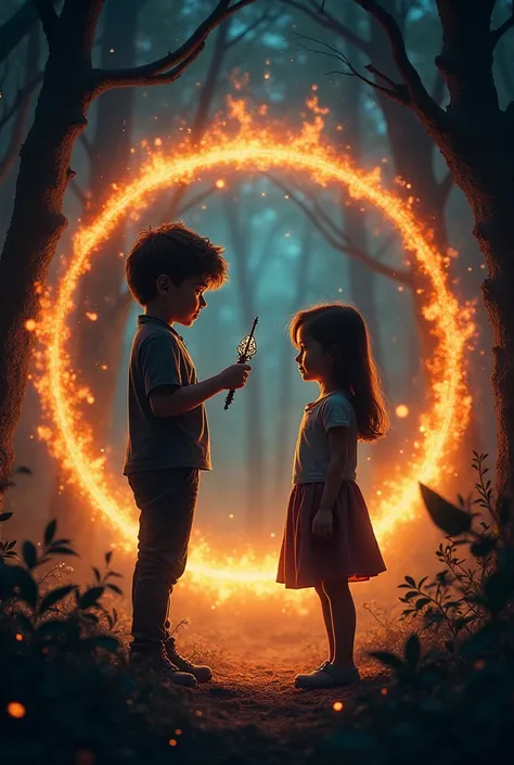 She would like to create an image in which a boy appears pointing a wand at a girl, the wand that is small, both of them are in the woods surrounded by a ring of fire at night.