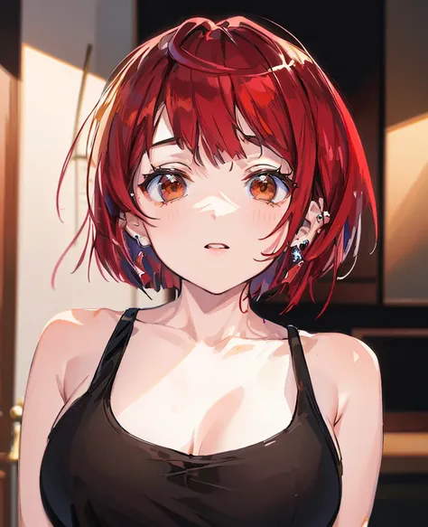 ( best quality, masterpiece,  high quality , delicate description, Elaborate painting).  shiny hair .  red hair.  Brown Eyes. Unmaintained bob cut hairstyle, Tuck one side of your hair behind your ear, Lots of ear piercings,  proud expression ,  black tank...