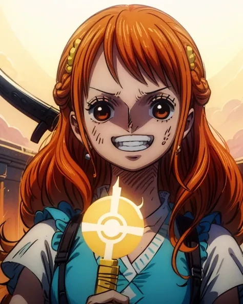 (最高masterpiece,  best quality, 4K, 8k,  high resolution,masterpiece:1.2), Nami in One Piece,smile,Mysterious Knight,Miracle,Power Spot,Fantastic world tree,Green Sun,Holy Sword,Proof of a Saint