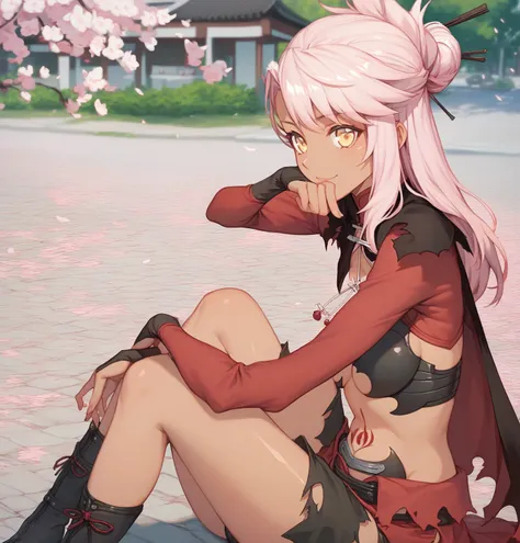  score_9,  score_8_ up,  score_7_ up,  Break Sauce _Anime,  1 girl, Alone,  Outdoors , street, cherry blossoms,  cowboy shooting, knees  up,  is sitting,  look at the viewers,   Shiny Skin,Chloe,  yellow eyes, Dark Skin,  pink hair with a scar,  long hair,...