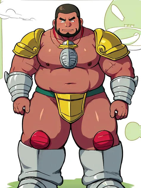 Cartoon network style , (masterpiece, best quality:1.2), 1man, solo, Chubby, Papa, Chubby , Tan skin , crew cut , armor , shoulder armor, breastplate, closed mouth, pauldrons , standing , boots , full body