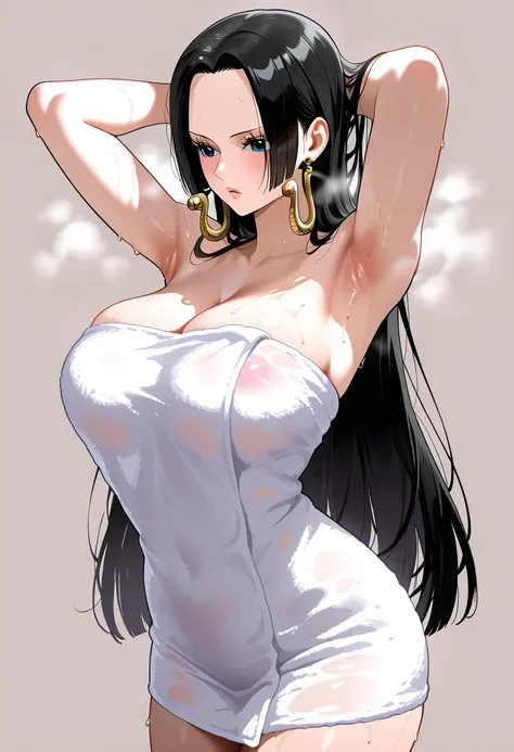 masterpiece, best quality, amazing quality, 1girl, Boa Hancock, one piece, blue eyes, black hair, long hair, simple background, cowboy shots, golden ratio face, wearing a towel, good smell effect, pink tits, pinks armpits, heavily breath, breath effect, se...