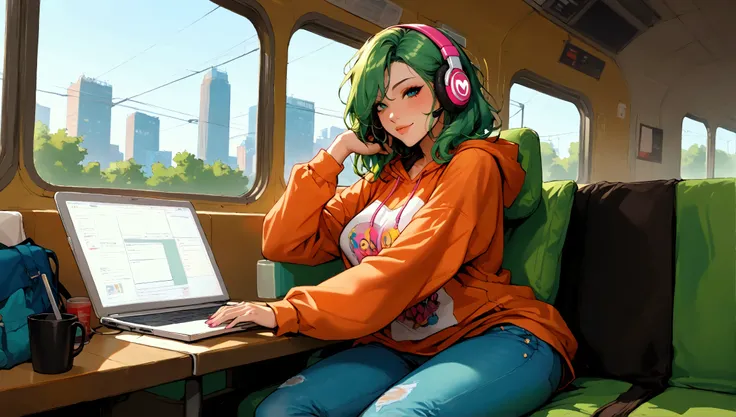 "An artistic woman sitting in a unique high-speed train with colorful and bohemian-inspired interior decor. She is wearing jeans and an oversized hoodie, with her ombre green hair styled loosely. She wears vintage-inspired headphones, sketching in a notebo...