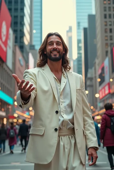 Camera View: Frontal view of the main object, Action or Position: Jesus Christ, wearing an immaculate white suit, extends his hand toward the viewer with a warm, inviting smile, Complete Scene: The bustling city street is filled with people walking in ever...