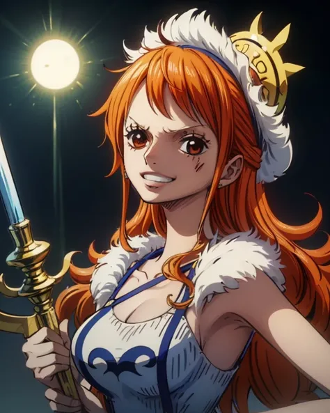 (最高masterpiece,  best quality, 4K, 8k,  high resolution,masterpiece:1.2), Nami in One Piece,smile,Mysterious Knight,Miracle,Power Spot,Fantastic world tree,Green Sun,Holy Sword,saint