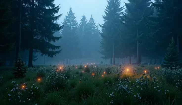 realistic photo of a glade in a gloomy magic coniferous forest; darkness; summer; night; night time; few colorful sparks are shining in the grass on the glade; few flowers are growing on the glade; there are some green bushes at the edge of the glade; the ...