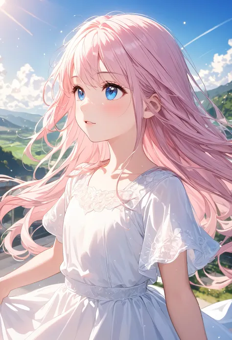 face close up, face in profile,｛Elementary school students｝ ,white dress , light pink hair ,Looking up, from above, close to the camera,1 girl, solo, fine hair ,transparent hair,  everyday scenery ,sparkling landscape, light particles, Very beautiful blue ...