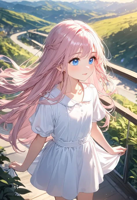 face close up, face in profile,｛Elementary school students｝ ,white dress , light pink hair ,Looking up, from above, close to the camera,1 girl, solo, fine hair ,transparent hair,  everyday scenery ,sparkling landscape, light particles, Very beautiful blue ...