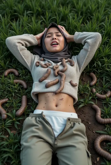 make a picture of an Indonesian girl, 20 years old wearing a hijab, sweater and unzipped pants hanging down, lying on the grass, bleeding, many caterpillars crawling on her hips, many caterpillars on the dirty bed. facial expression screaming in pain, her ...