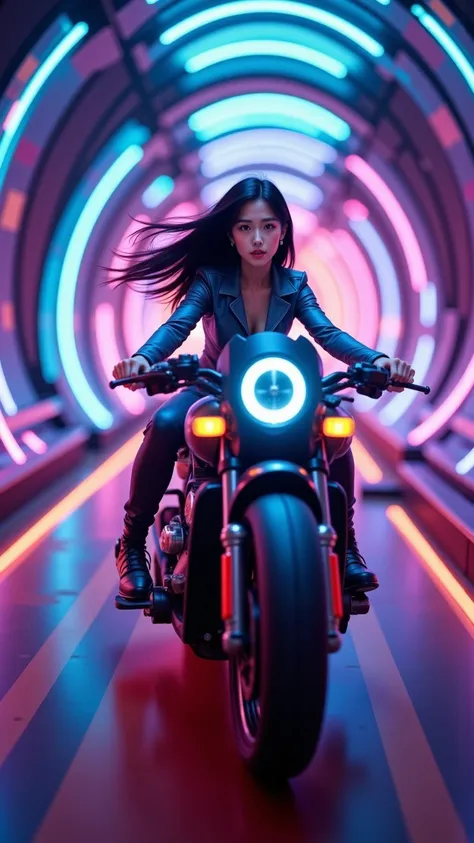 "In a pulsating tunnel of time, where light bends and warps with every passing moment, a woman races through the unknown, her high-tech motorcycle cutting through the very fabric of reality. The tunnel’s walls are alive, shifting with vibrant neon colors—b...