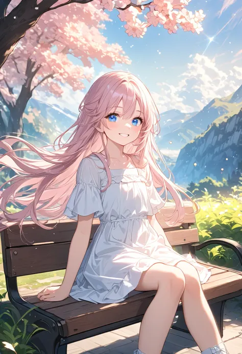 ｛Elementary school students｝ ,Sit on a bench ,white dress , light pink hair ,1 girl, solo, fine hair ,transparent hair,  everyday scenery ,sparkling landscape, light particles, Very beautiful blue eyes, eyes like the universe ,cute girl, medium long hair, ...