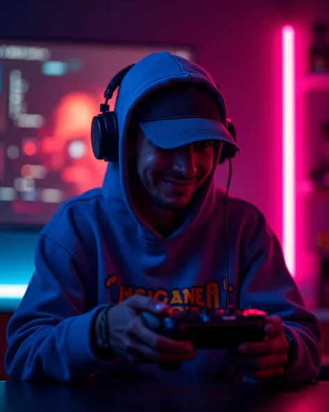 ho is simultaneously immersed in gaming and education. The composition should prominently feature a bright neon-colored background with the channel's logo, blending the exciting world of gaming with the informative realm of education. Illuminate the scene ...