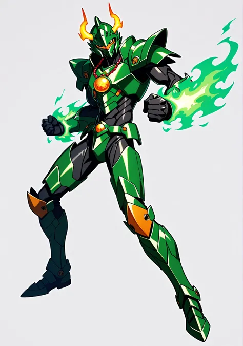 score_9, score_8_up, score_7_up, source_anime, rating_safe, , (realistic: 0.6), front visor, , 1 man, alone, male focus, issei_Hyoudou, powered up equipment, samurai-type armor, green armor, orange gems, golden details, full armor, slender body, long body,...