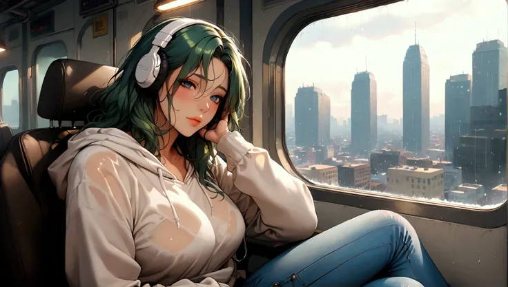 "A serene woman sitting by the window of a modern high-speed train, wearing simple jeans and a neutral-tone hoodie. Her ombre green hair reflects the soft natural light of an overcast day as she enjoys the rolling countryside view with gentle rain on the g...