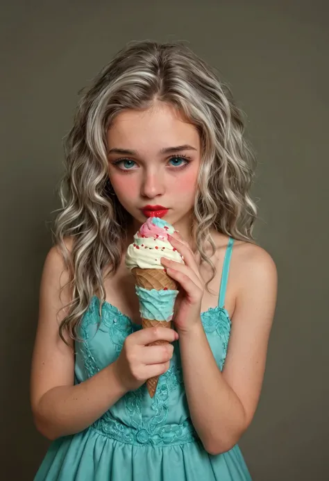 young girl, shy, cute face, sweet girl, Woman with wavy silver hair, blows,  light blue eyes, Red lips, tender green dress, holding an ice cream cone with her pussy