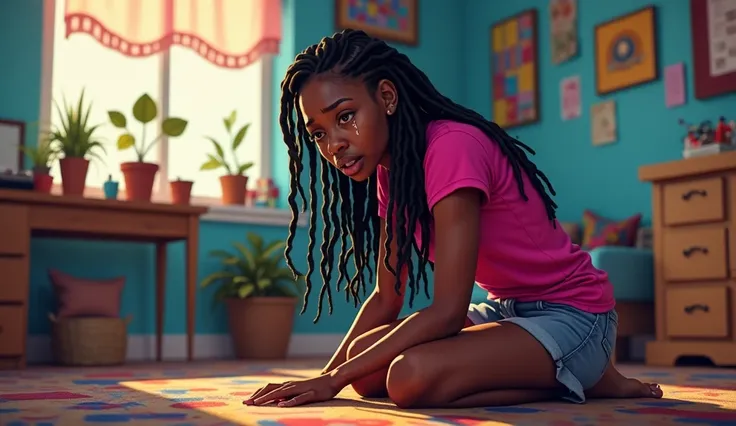  A young Black lady wears a pink top, with long braids, kneeling down, crying in a bright colorful student room. The atmosphere is tense, with emotions running high