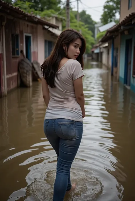 a beautiful detailed portrait of an Indonesian woman with wet hair, walking through a deeply flooded village, wearing a wet t-shirt and jeans, looking back at the viewer, dramatic lighting, photorealistic, highly detailed, cinematic, stunning, vibrant colo...