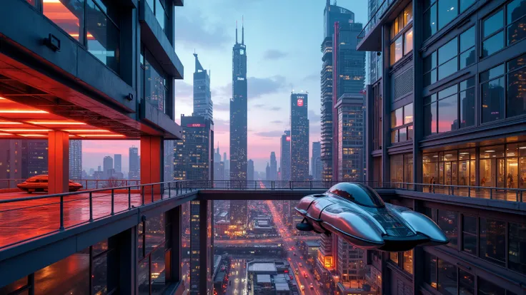 A breathtaking panoramic shot captures the pulse-pounding essence of a futuristic metropolis at dusk. Hovering vehicles zip through neon-lit skyways, their sleek silhouettes reflected on towering glass and steel structures, bathed in dynamic lighting that ...
