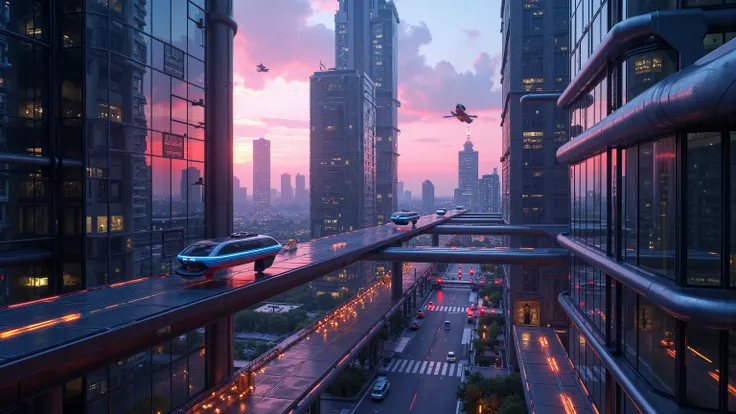 A breathtaking panoramic shot captures the pulse-pounding essence of a futuristic metropolis at dusk. Hovering vehicles zip through neon-lit skyways, their sleek silhouettes reflected on towering glass and steel structures, bathed in dynamic lighting that ...