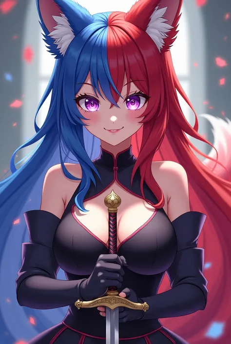 anime fox girl, red and blue hair combined,blue hair on the left side, red hair on the right side, violet eyes, smiling, big breast, holding a sword