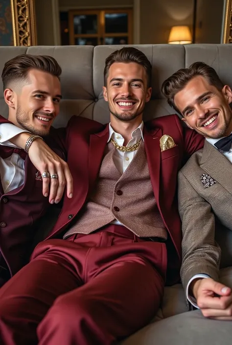 full body photo of 3 different white dapper guys, perfect preppy undercut haircuts, excessively lifted faces & teeth, inflated siliconed lips & cheekbone, turned-up tiny reduce noses, wearing finest dapper colored suits & accessories, elegant dress shoes, ...