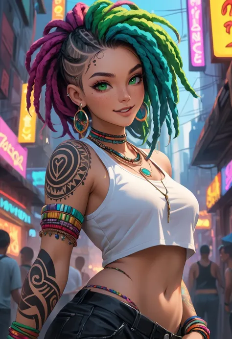 (masterpiece, best quality:1,2), 1 girl. Charming nymph with delicate features, dancing and laughing merrily. Delicate cheeks, blush, freckles. Rainbow-colored hair, long thick matted dreadlocks. Shaved temples, decorated with tattoos. Iridescent large tra...