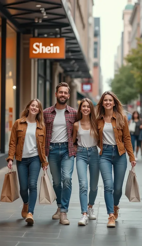 A family consisting of a man, a woman, two daughters and a  leave the Shein store carrying Shein's shopping bags and they are happy 