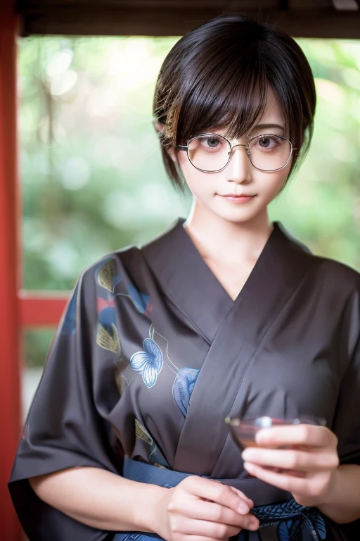 short dark hair, half body shot, realistic, shy, licking lips, rimless glasses, Japanese Inns, yukata, masterpiece, best quality, 8k, super detail,