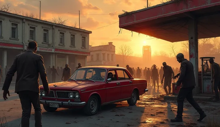 Sunset, handpainted, postapocalyptic, Horde of zombies, (car, sedan, red, old, driver inside, ) (gas station, sunset, europa town,)