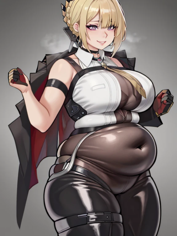 art by kipteitei, Evelyn Chevalier, smiling face, fair skin, blonde hair, white collar shirt, black jacket, black leather pants, black tie, chubby body, pot belly, fat fupa, thin face, intimate, cartoon, hands behind body, no extra details, no extra finger...