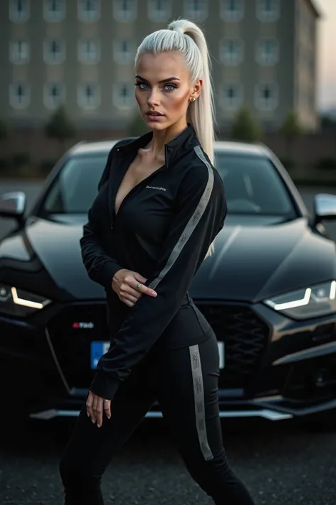 Create ultra-realistic photography .  very pretty model  ,hot,    white hair,   ponytail blue eyes.black tracksuit . A black Audi in the background.

